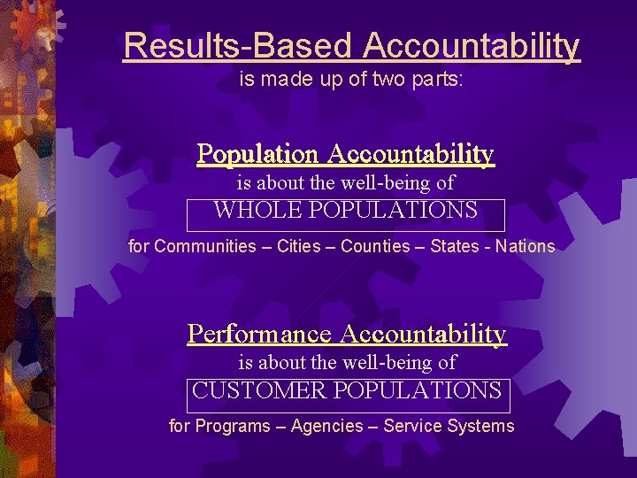 Results-Based Accountability is made up of two parts: Population Accountability is about the well-being