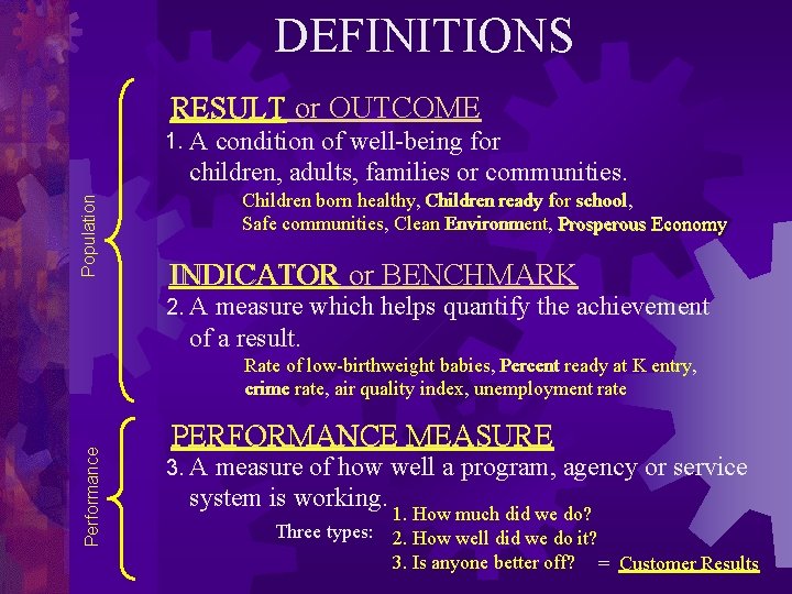 DEFINITIONS RESULT or OUTCOME condition of well-being for children, adults, families or communities. Population