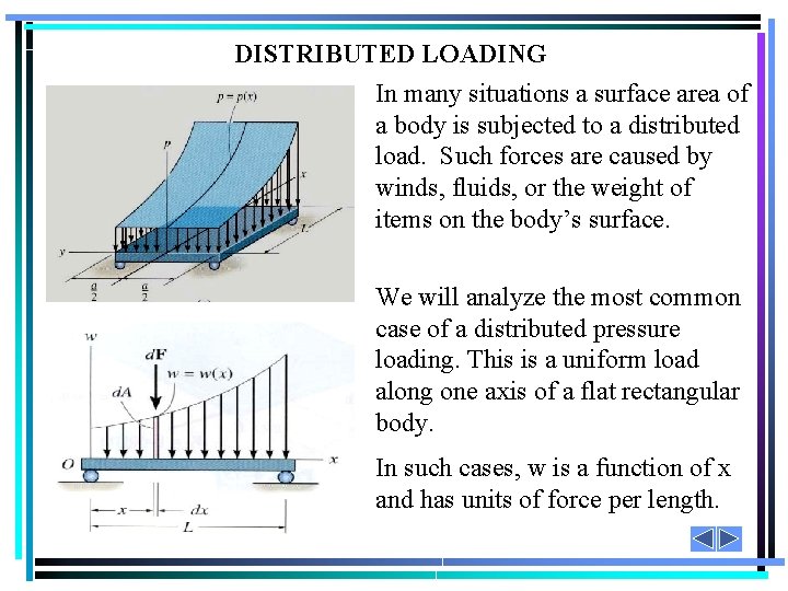 DISTRIBUTED LOADING In many situations a surface area of a body is subjected to