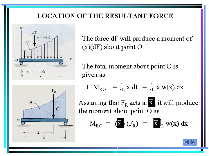 LOCATION OF THE RESULTANT FORCE The force d. F will produce a moment of