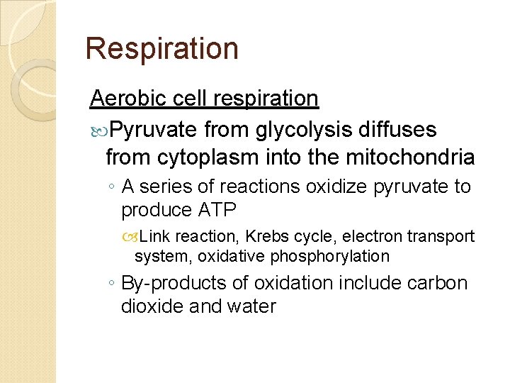 Respiration Aerobic cell respiration Pyruvate from glycolysis diffuses from cytoplasm into the mitochondria ◦