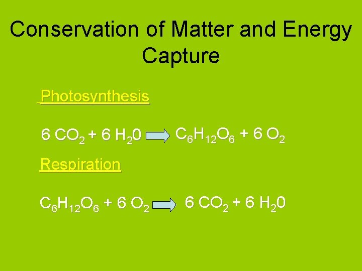 Conservation of Matter and Energy Capture Photosynthesis 6 CO 2 + 6 H 20