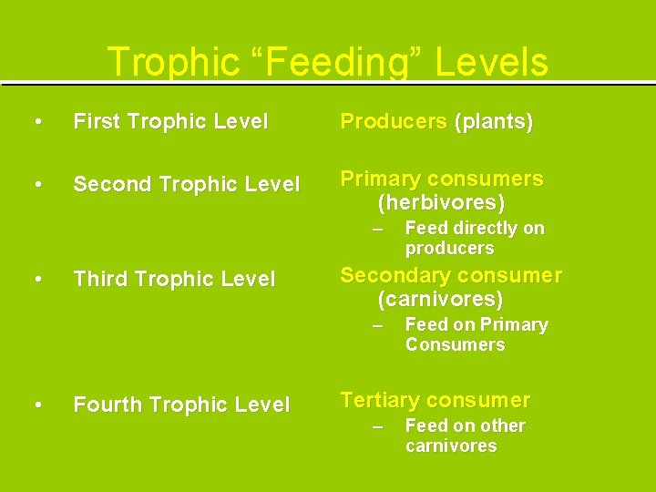 Trophic “Feeding” Levels • First Trophic Level Producers (plants) • Second Trophic Level Primary