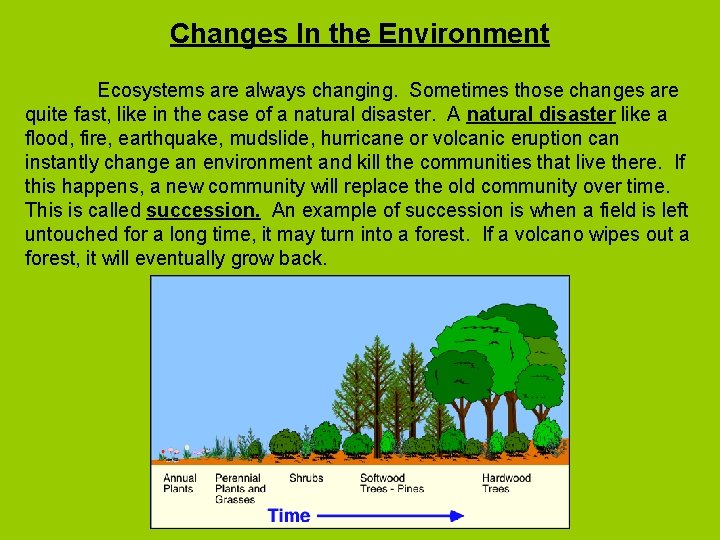Changes In the Environment Ecosystems are always changing. Sometimes those changes are quite fast,
