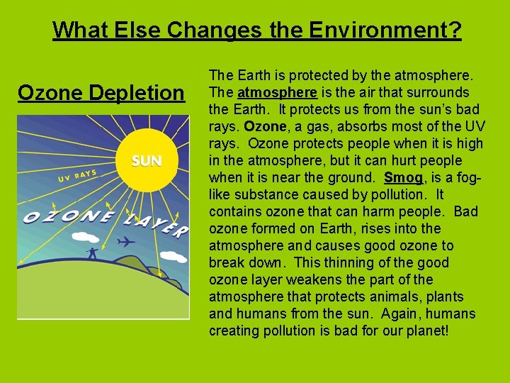 What Else Changes the Environment? Ozone Depletion The Earth is protected by the atmosphere.