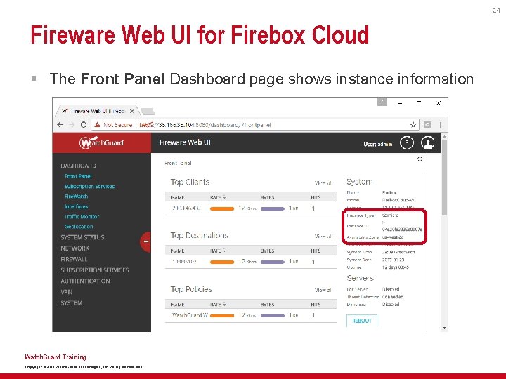 24 Fireware Web UI for Firebox Cloud § The Front Panel Dashboard page shows