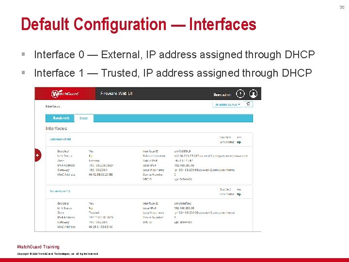 30 Default Configuration — Interfaces § Interface 0 — External, IP address assigned through