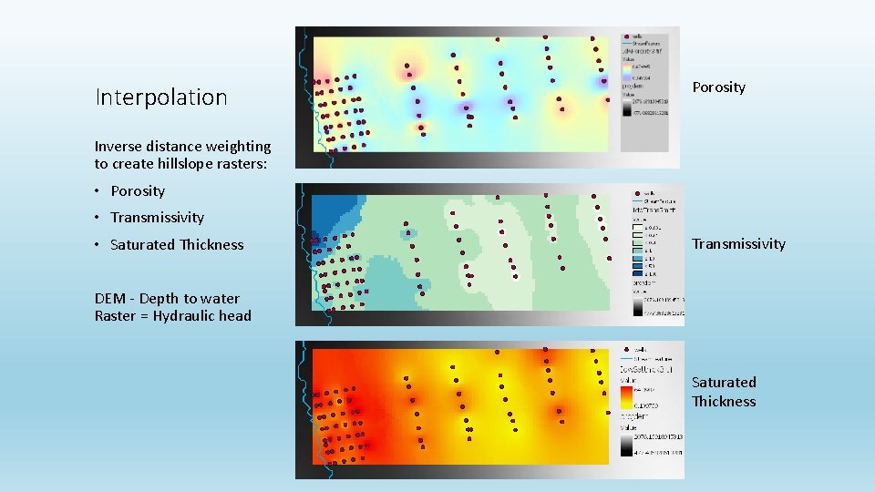 Interpolation Porosity Inverse distance weighting to create hillslope rasters: • Porosity • Transmissivity •