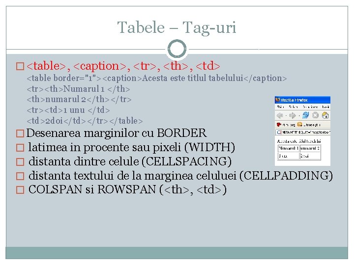 Tabele – Tag-uri � <table>, <caption>, <tr>, <th>, <td> <table border="1"><caption>Acesta este titlul tabelului</caption>