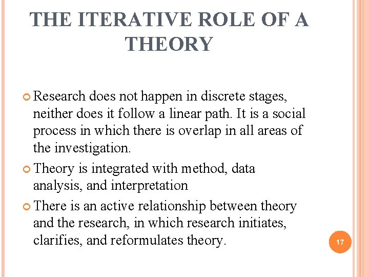THE ITERATIVE ROLE OF A THEORY Research does not happen in discrete stages, neither