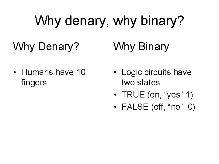 Why denary, why binary? Why Denary? Why Binary • Humans have 10 fingers •