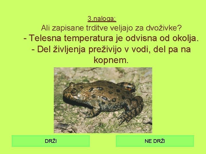 3. naloga: Ali zapisane trditve veljajo za dvoživke? - Telesna temperatura je odvisna od