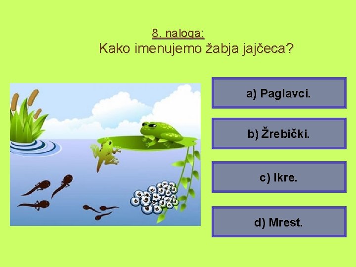 8. naloga: Kako imenujemo žabja jajčeca? a) Paglavci. b) Žrebički. c) Ikre. d) Mrest.