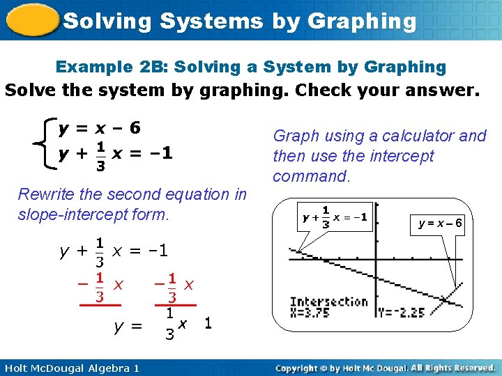 Solving Systems by Graphing Example 2 B: Solving a System by Graphing Solve the