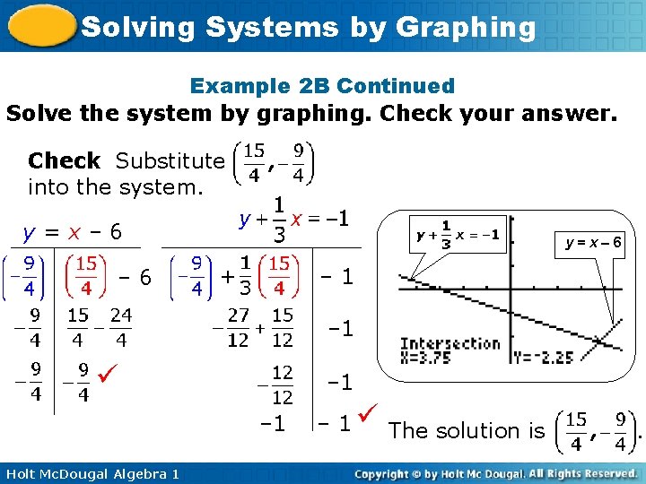 Solving Systems by Graphing Example 2 B Continued Solve the system by graphing. Check