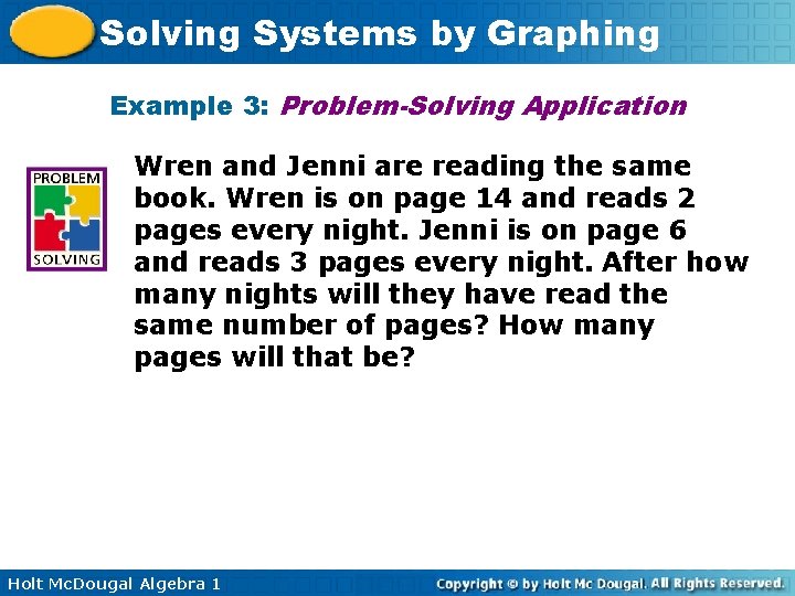 Solving Systems by Graphing Example 3: Problem-Solving Application Wren and Jenni are reading the