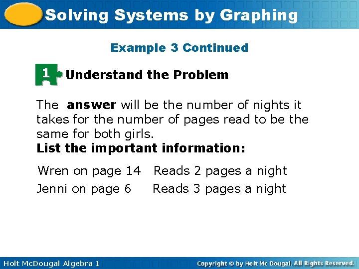 Solving Systems by Graphing Example 3 Continued 1 Understand the Problem The answer will