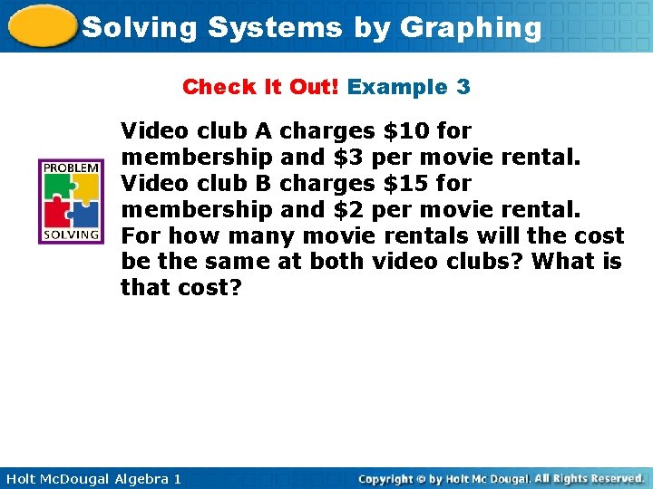 Solving Systems by Graphing Check It Out! Example 3 Video club A charges $10