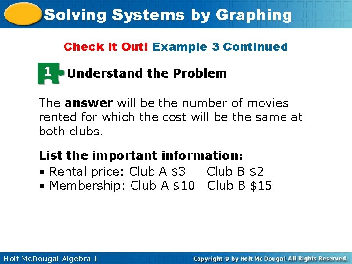 Solving Systems by Graphing Check It Out! Example 3 Continued 1 Understand the Problem