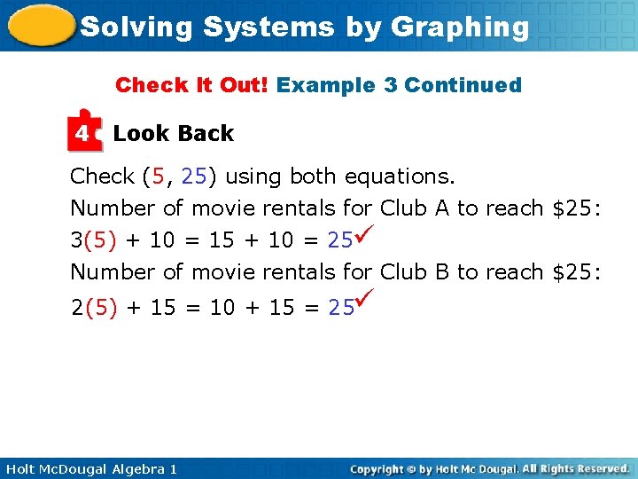 Solving Systems by Graphing Check It Out! Example 3 Continued 4 Look Back Check