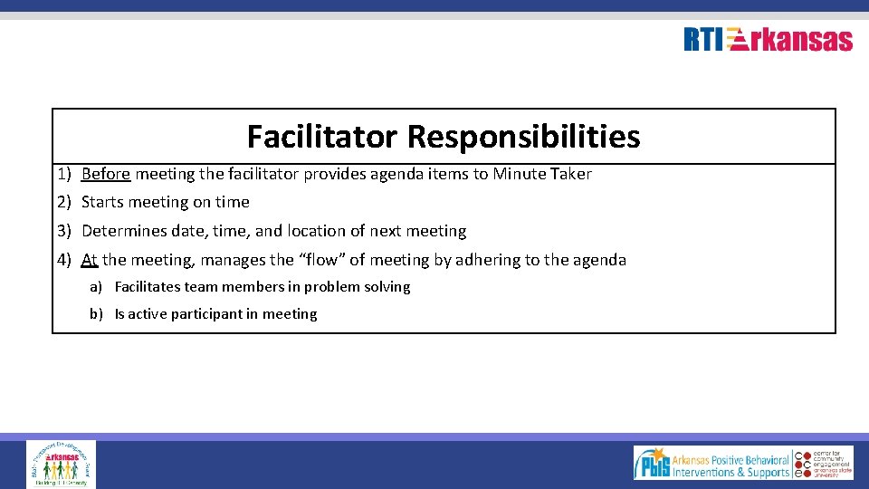 Facilitator Responsibilities 1) Before meeting the facilitator provides agenda items to Minute Taker 2)