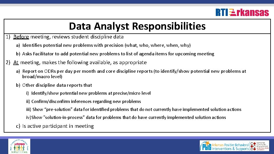 Data Analyst Responsibilities 1) Before meeting, reviews student discipline data a) Identifies potential new