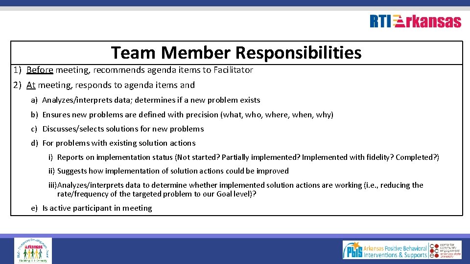 Team Member Responsibilities 1) Before meeting, recommends agenda items to Facilitator 2) At meeting,