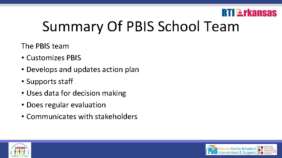 Summary Of PBIS School Team The PBIS team • Customizes PBIS • Develops and