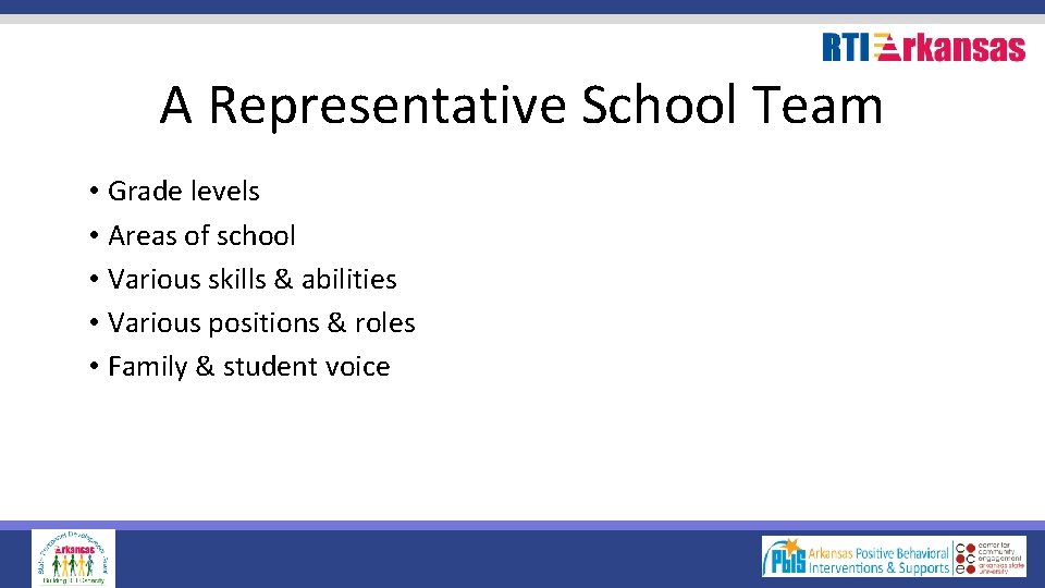 A Representative School Team • Grade levels • Areas of school • Various skills