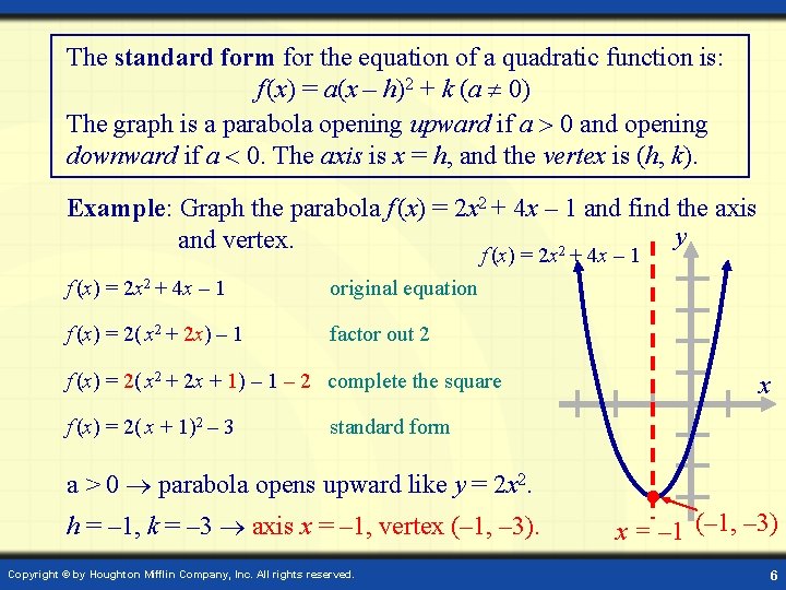 The standard form for the equation of a quadratic function is: f (x) =