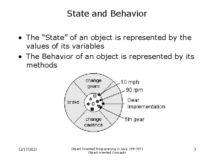 State and Behavior • The “State” of an object is represented by the values State and Behavior • The “State” of an object is represented by the values