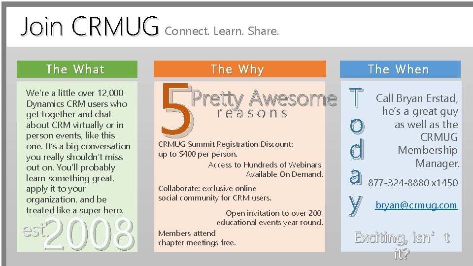 Join CRMUG Connect. Learn. Share. The What We’re a little over 12, 000 Dynamics