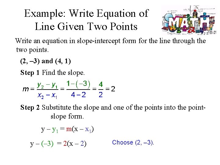 Example: Write Equation of Line Given Two Points Write an equation in slope-intercept form