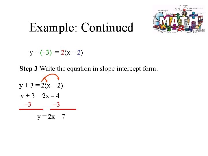 Example: Continued y – (– 3) = 2(x – 2) Step 3 Write the
