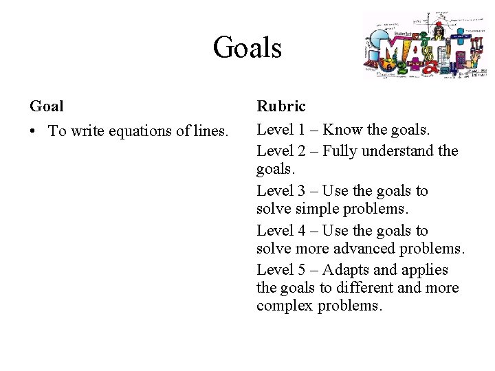 Goals Goal • To write equations of lines. Rubric Level 1 – Know the