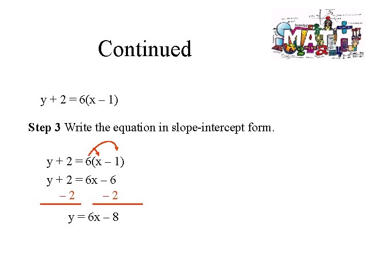 Continued y + 2 = 6(x – 1) Step 3 Write the equation in