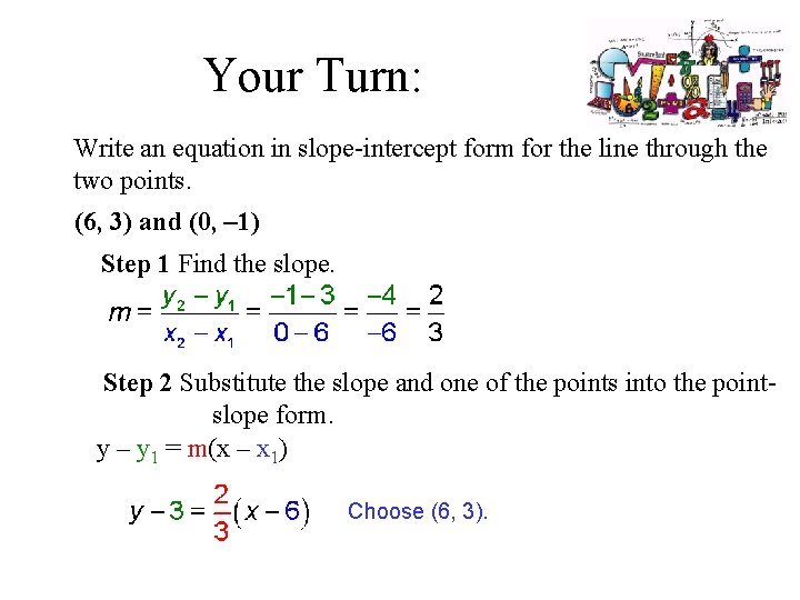 Your Turn: Write an equation in slope-intercept form for the line through the two