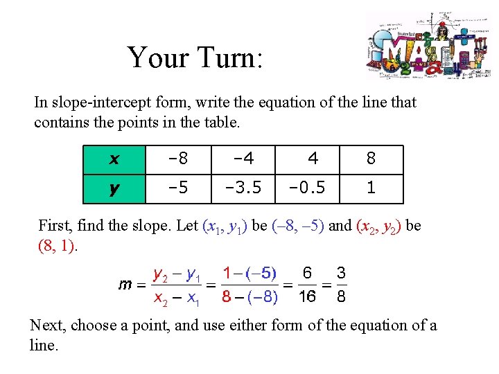 Your Turn: In slope-intercept form, write the equation of the line that contains the