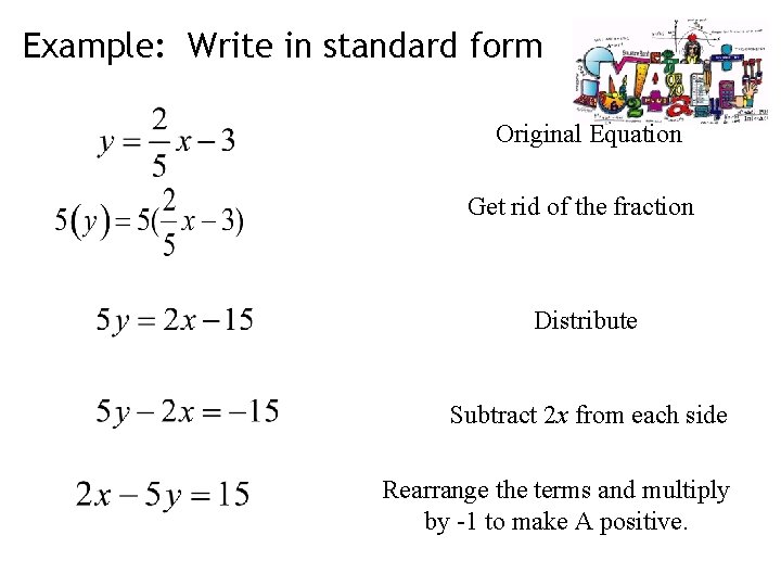 Example: Write in standard form Original Equation Get rid of the fraction Distribute Subtract