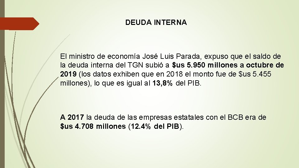 DEUDA INTERNA El ministro de economía José Luis Parada, expuso que el saldo de
