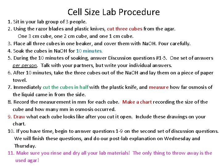 Cell Size Lab Procedure 1. Sit in your lab group of 3 people. 2.
