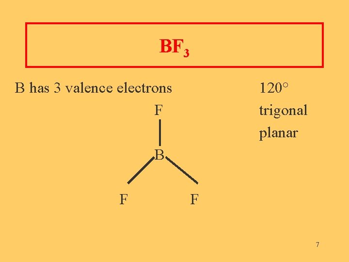 BF 3 B has 3 valence electrons F 120° trigonal planar B F F