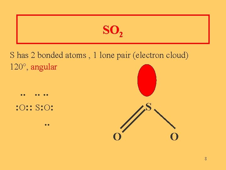 SO 2 S has 2 bonded atoms , 1 lone pair (electron cloud) 120°,