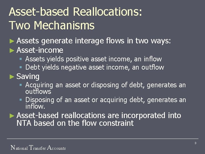 Asset-based Reallocations: Two Mechanisms ► Assets generate interage flows in two ways: ► Asset-income