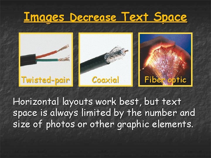 Images Decrease Text Space Twisted-pair Coaxial Fiber optic Horizontal layouts work best, but text