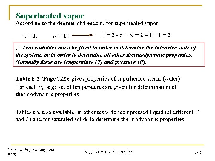 Superheated vapor According to the degrees of freedom, for superheated vapor: = 1; N Superheated vapor According to the degrees of freedom, for superheated vapor: = 1; N