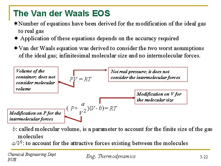 The Van der Waals EOS ¬Number of equations have been derived for the modification The Van der Waals EOS ¬Number of equations have been derived for the modification