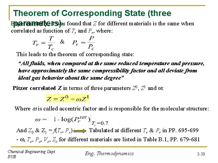 Theorem of Corresponding State (three Experimentally, it was found that Z for different materials Theorem of Corresponding State (three Experimentally, it was found that Z for different materials