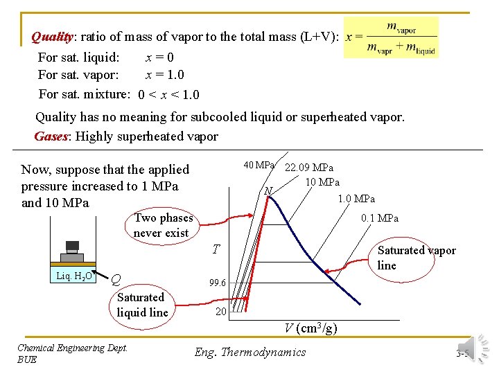 Quality: ratio of mass of vapor to the total mass (L+V): For sat. liquid: Quality: ratio of mass of vapor to the total mass (L+V): For sat. liquid: