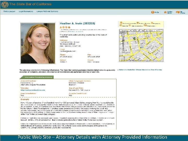 Public Web Site – Attorney Details with Attorney Provided Information 